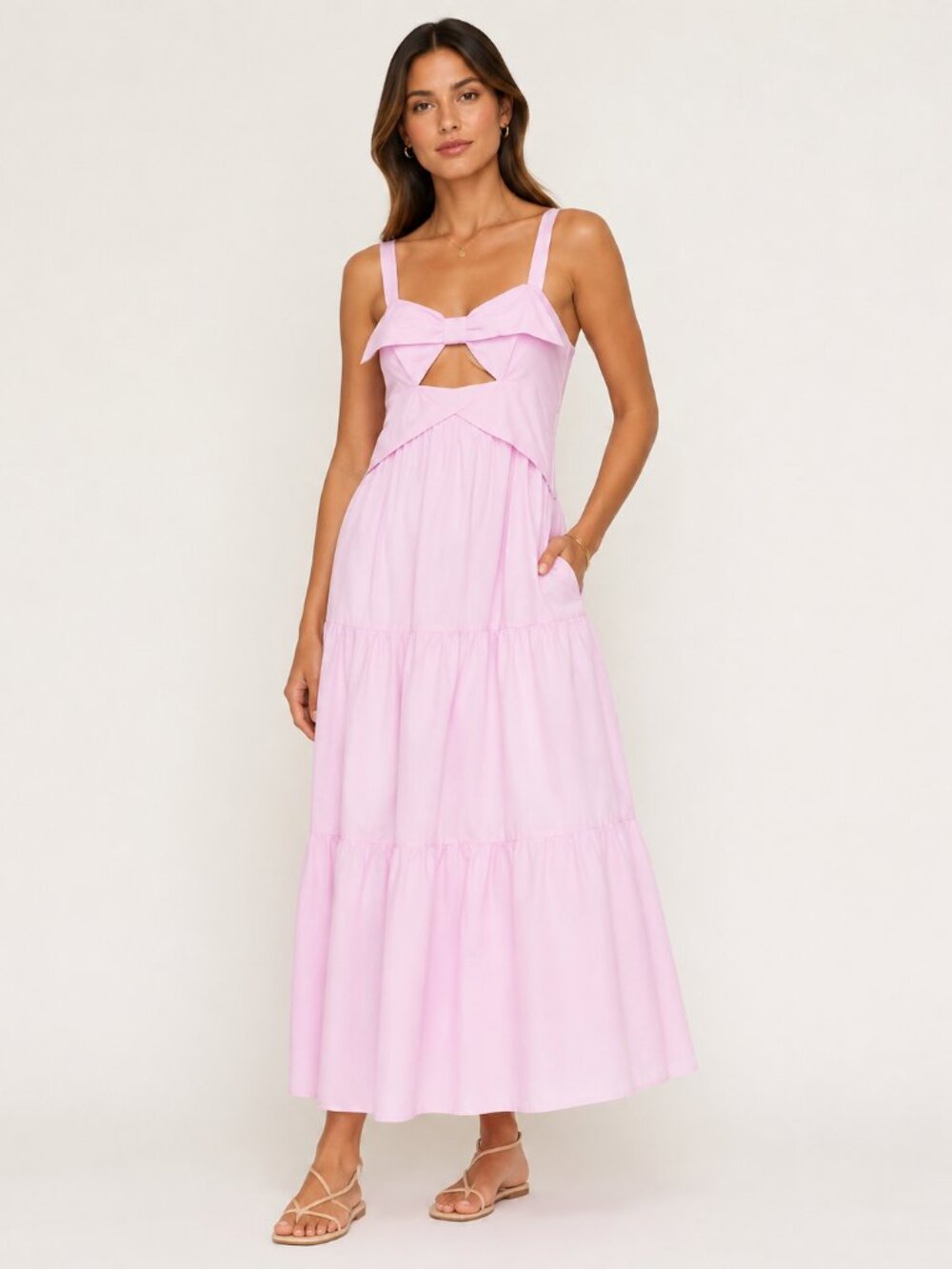 Revolve CAMI NYC Pink Cutout Bow Tiered Maxi Dress Romantic Coastal Chic Sz S